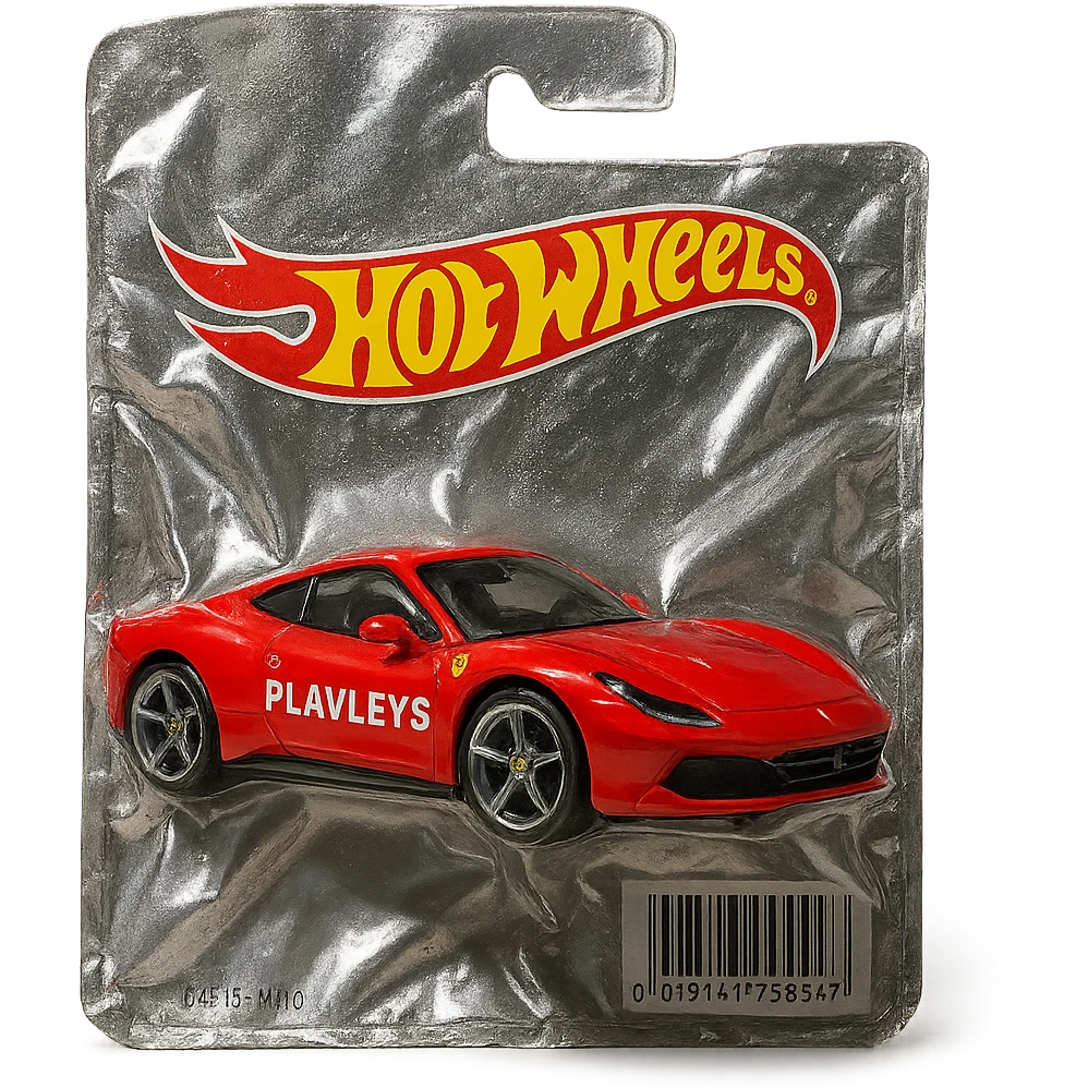 red Ferrari with 'PLAVLEYS' text on the side, packaged in a Hot Wheels blister pack, shiny and inflated, no background emoji