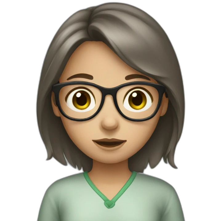 A girl with green eyes and brown hair and glasses and wearing gray pijama emoji