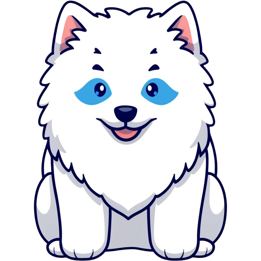 fluffy white Samoyed dog with blue eyes, smiling emoji