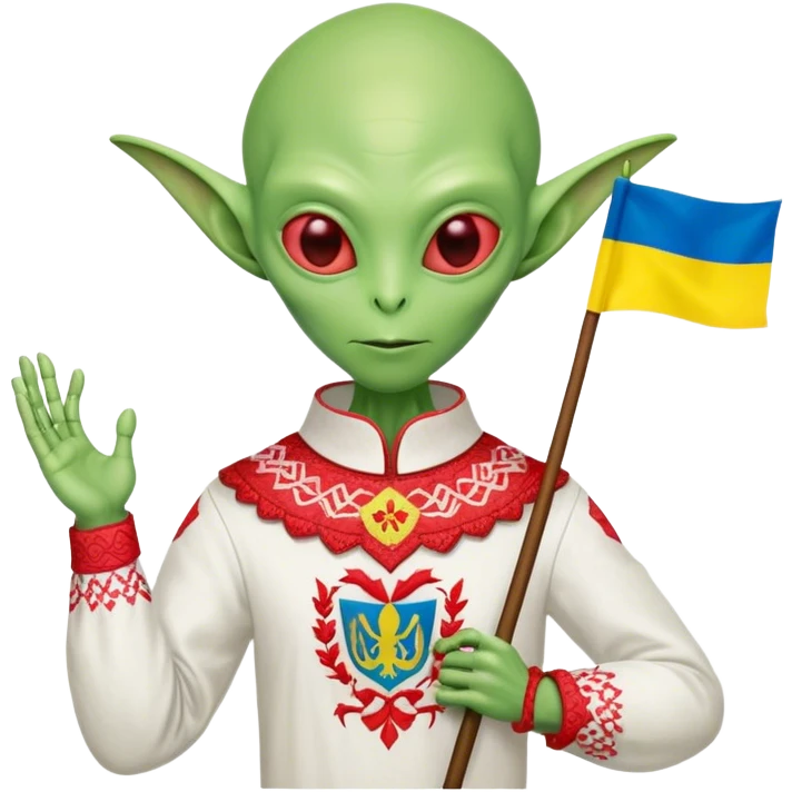 Green alien in Shirt 👚 vyshyvanka, white with red embodiary on sleeved, with 🇺🇦 Ukraine flag in a hand emoji