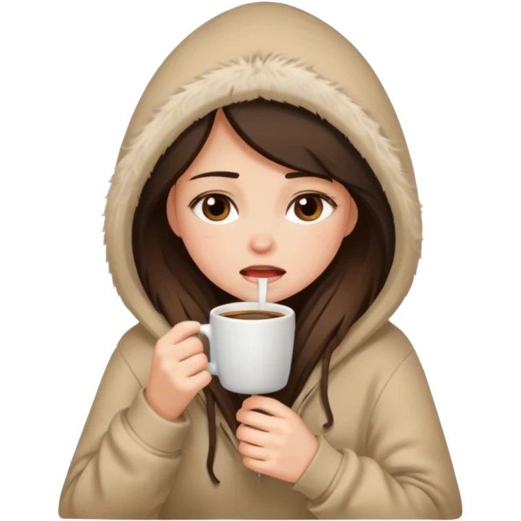 a brunette girl sitting cozily in a beige fur hoodie sipping coffee while crying emoji