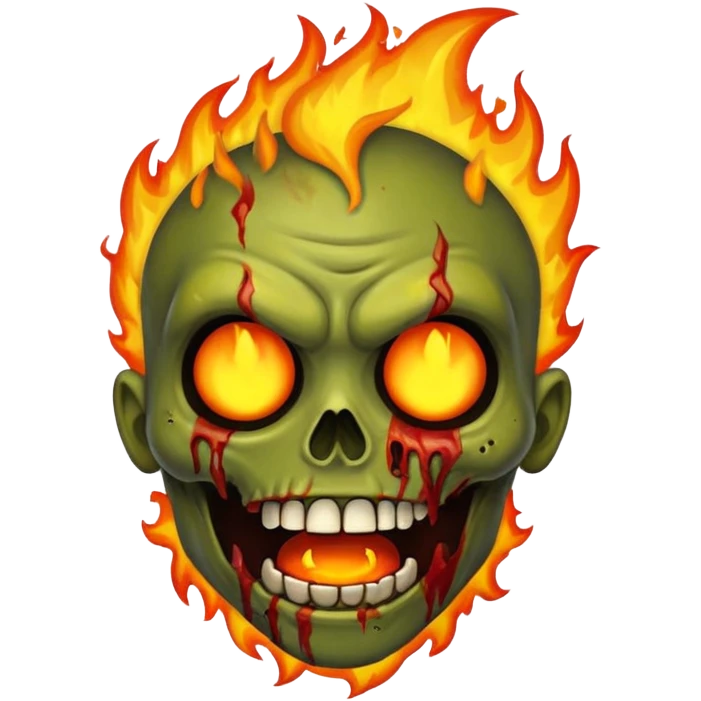 cartoon emoji-style fire zombie, flaming, expressive face emoji