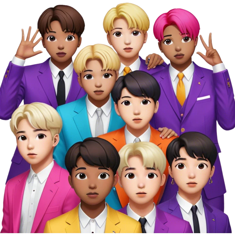 Cinematic Realistic group portrait of BTS featuring all 7 members in stylish modern attire, with detailed facial expressions and vibrant colors, captured in dynamic, contemporary lighting that emphasizes their global pop icon status emoji