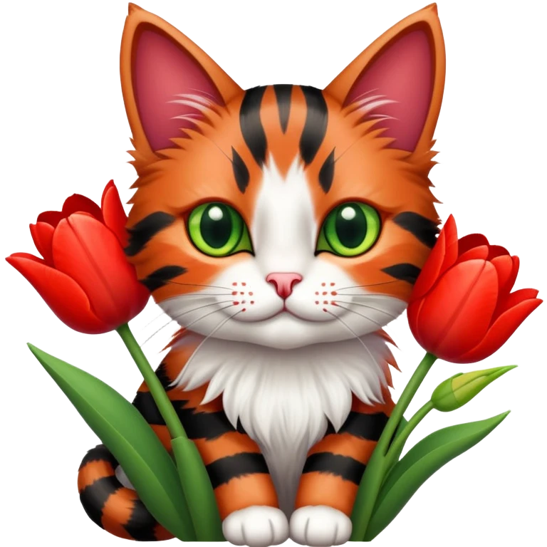 tricolor fluffy cat with big green eyes holding red tulips in her arms emoji