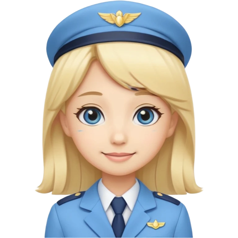 Cute emoji-style Japanese flight attendant, blonde long hair , pastel blue airline uniform, kawaii cartoon style, big eyes, simple clean lineart, pastel colors, chibi proportions, friendly smile, sticker/emoji, transparent background emoji