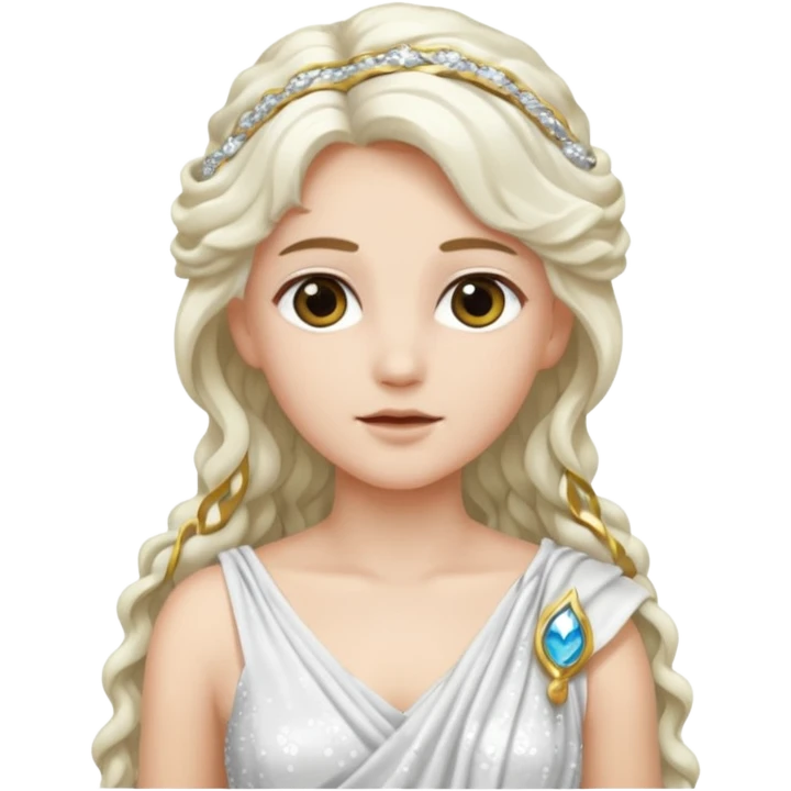 Artemis from Greek Gods with long white wavy hair, white sequin toga emoji