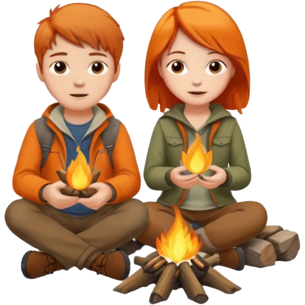 A Brown Haired boy and a orange haired girl sitting at a campfire emoji