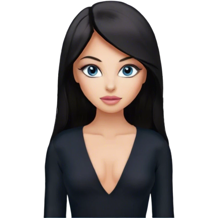 Glamours, tanned, beautiful, girl, with blue eyes, big pump peach-beige-rose lips, eyeliner, long lashes, black straight smooth silky long hair, parting hair in the middle,  in black v-neck bodysuit long sleeves emoji