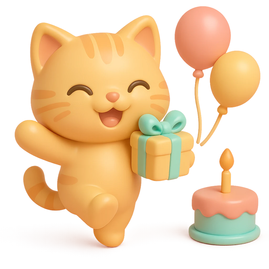 ginger tabby kitten jumping with joy, holding a birthday gift, birthday cake and balloons in background emoji