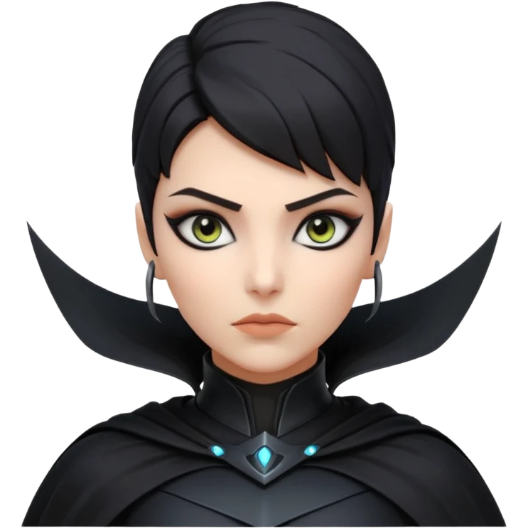 dark sci-fi villain female portrait, head and shoulders only, black armor, cape collar, intense eyes, sharp confident expression, subtle futuristic makeup, dramatic lighting, 3D cartoon, mobile game icon style, clean background, no text, no watermark
 emoji