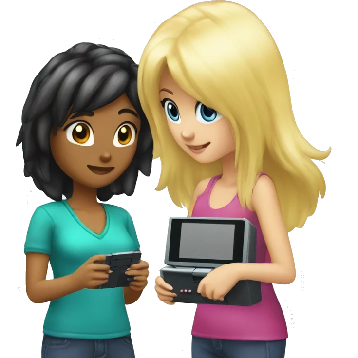  haired blonde and black hair girl playing nintendo ds emoji