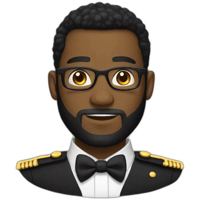 black soldier with beard, part in black hair, white collared shirt, bow tie, gold frame glasses, bulletproof vest  emoji