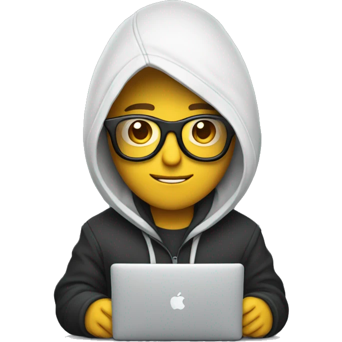 a designer in glasses and a hoodie holds a mac book in his hands emoji