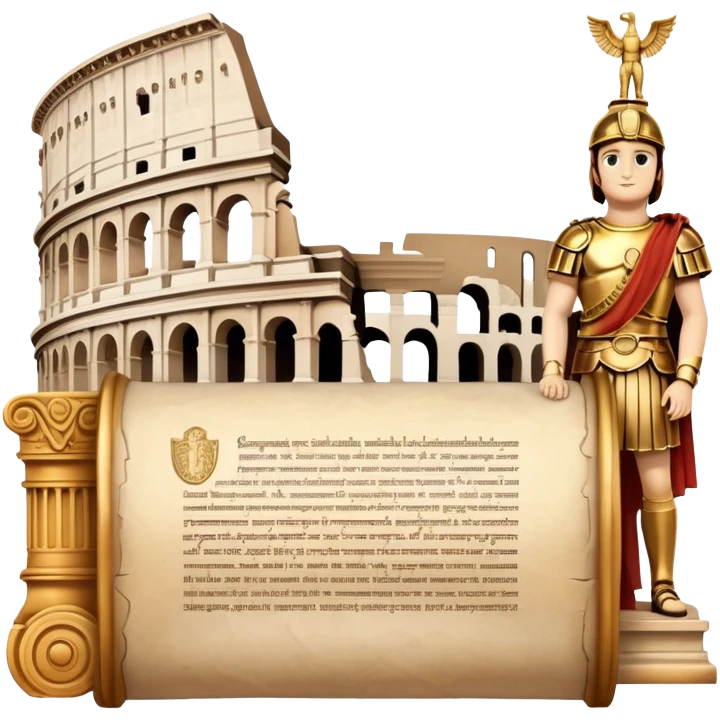 An icon featuring an ancient scroll, surrounded by famous historical landmarks and statues of notable figures, like the Colosseum or Napoleon. The design symbolizes the exploration of history through monuments and people. Transparent background highlights the pas emoji