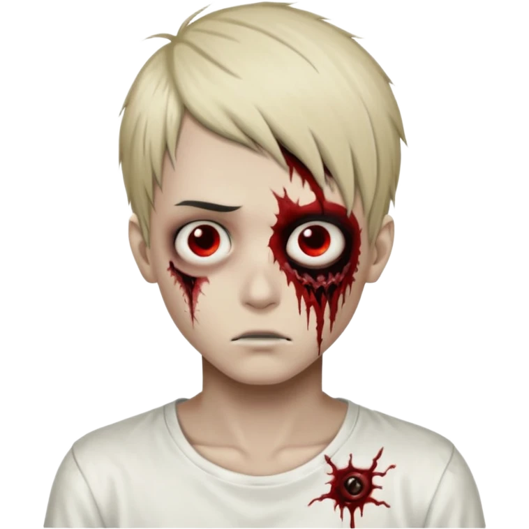 zombie boy, hair looks like L of Death Note, black background, bloodstained white shirt, emo, dark circles eyes emoji
