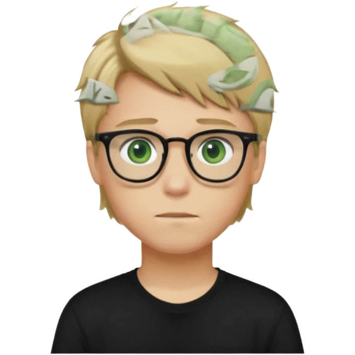Generate me a profile picture like with a teenage boy who has dirty blond hair, green eyes, glasses and a black t-shirt emoji
