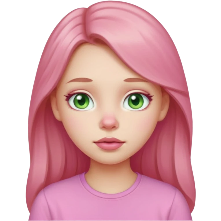 Pale girl, pink nose, cheeks, nose, chin, long light brown hair, Pink full lips, doe eyes, light green eyes wearing cute pink shirt emoji