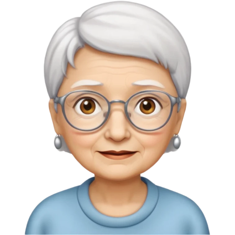 Create me emoji of an old lady. Short white hair to left side. Square glasses. Brown eyes. Rounded bigger face. Wide nose emoji
