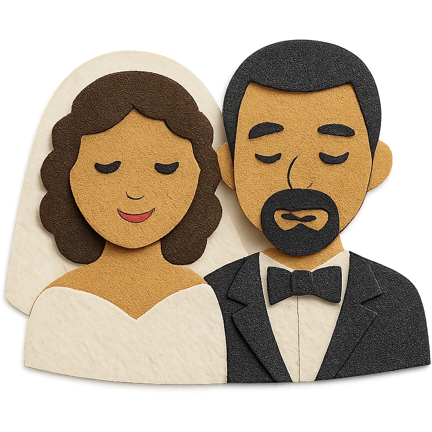 light-skinned African American bride and light-skinned groom with black goatee in a tuxedo emoji