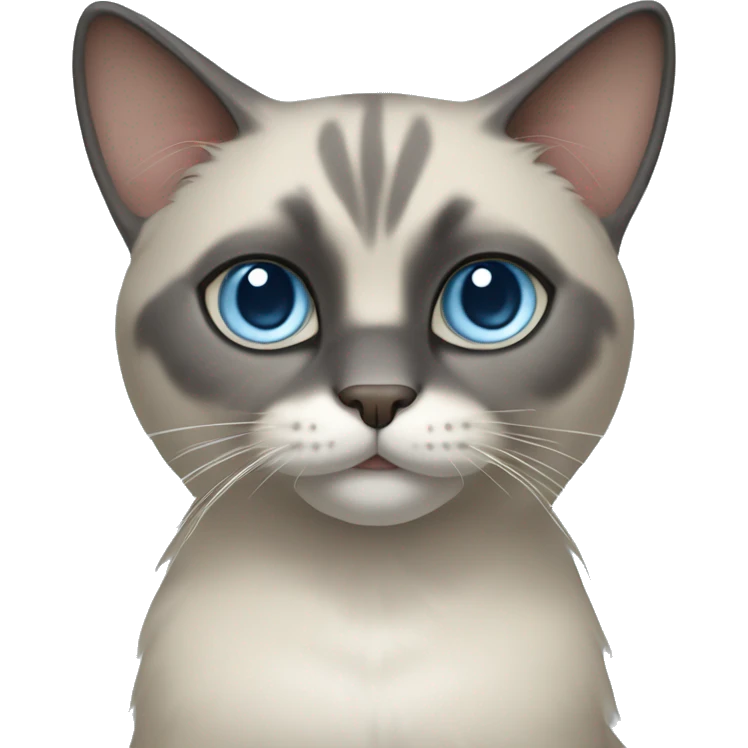 Thai breed cat with a  cream body, dark gray face, ears, and paws. Short fur, sharp ears, and striking light blue eyes with an intense gaze. emoji
