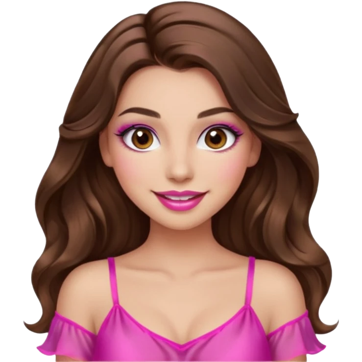 girl with long wavy brown hair, brown eyes, long lashes makeup, sexy pink lips, light to medium complexion, wearing a pink sexy silk top, smiling emoji