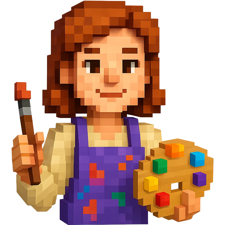 Serene female oil painter, Caucasian features, shoulder-length auburn hair, soft brown eyes, gentle smile, wearing a violet painter’s apron lightly stained with paint over a beige blouse, holding a wooden palette with vibrant colors in one hand and a brush in the other, waist-up, front-facing emoji