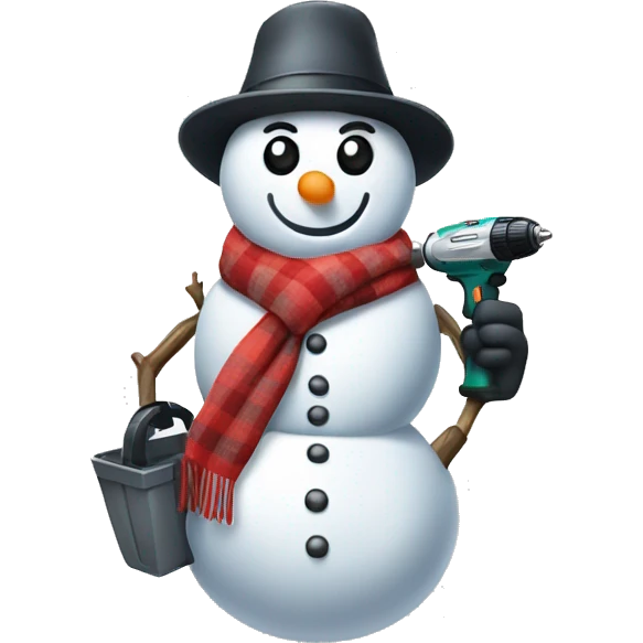 snowman with hat and scarf holding a drill in his right hand emoji