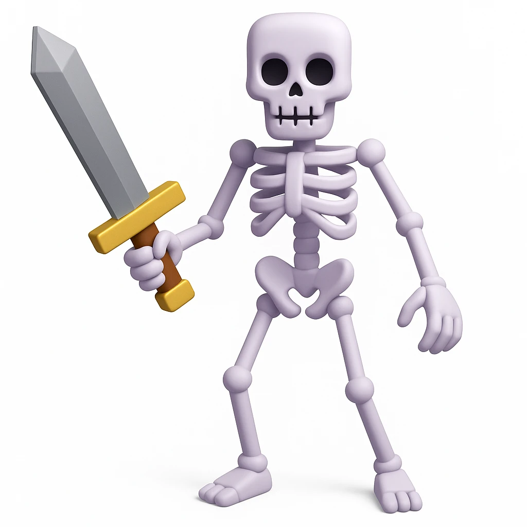 Make the Minecraft skeleton hold a sword in the 3d emoji style emoji