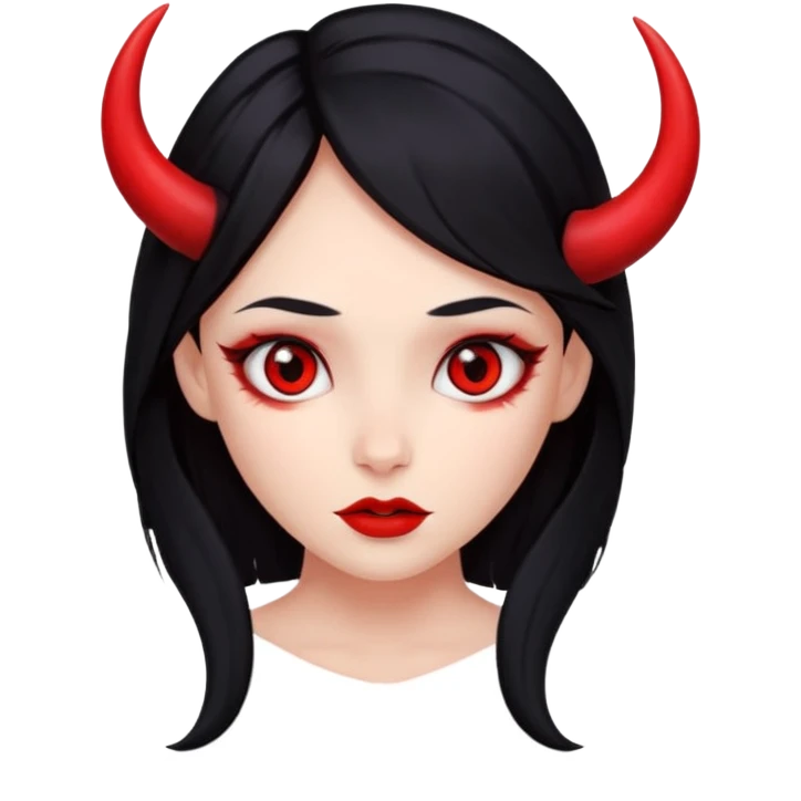 A girl's face with cheekbones, completely red skin, long black hair, small red horns, and red eyes. emoji