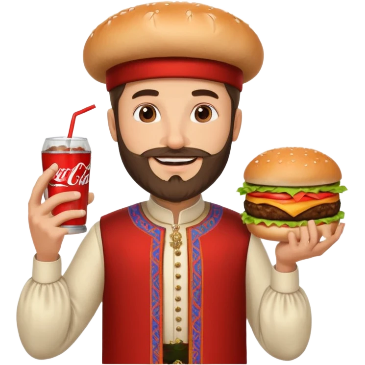 caucasian man with beard and armenian traditional costume, burger in one hand, coke in other emoji