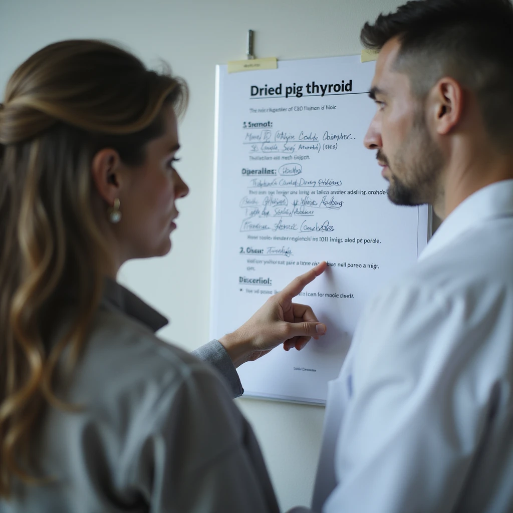 woman discussing with the doctor, pointing to 'Dried pig thyroid' on a list of medications, clinical environment, serious expressions, hyperrealistic 4K emoji