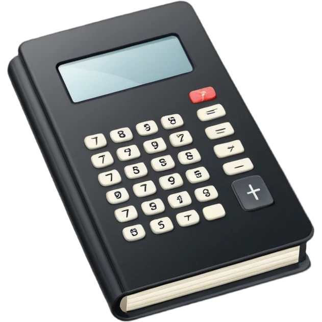 Minimalistic flat vector icon, iOS style, thin black contour on white background. Small black notebook with visible binding, placed next to a calculator. Clean, modern, no text, no shadows. emoji