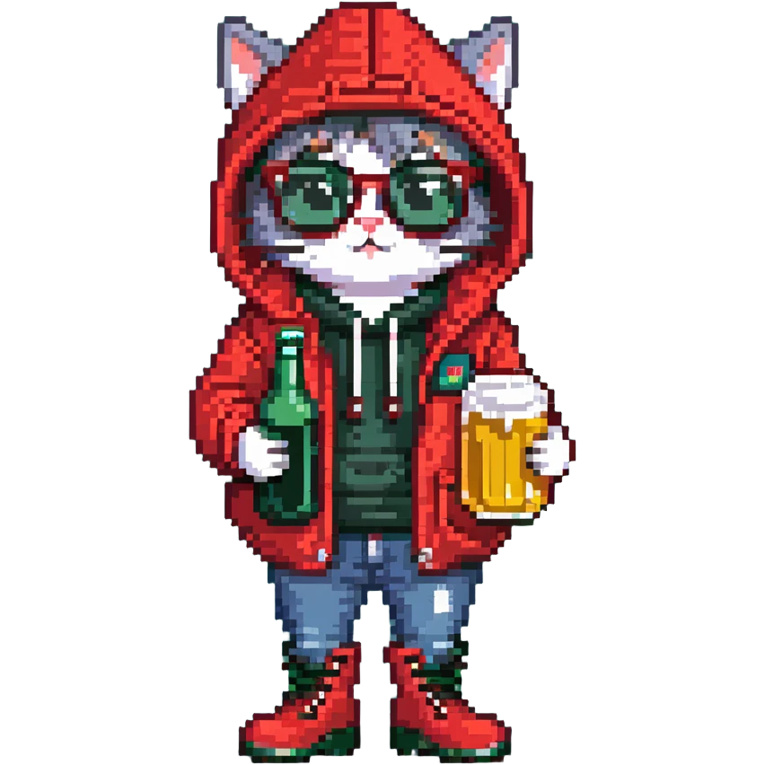 Catfish wearing red hooded winter jacket, round glasses, blue jeans, red boots, holding beer can with red label emoji