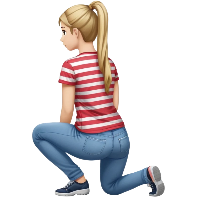 young woman with ponytail wearing jeans and striped t-shirt kneeling viewed from behind emoji