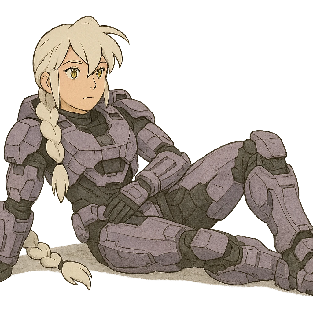 female, wearing reach spartan armor shoulder-unequip, long white braid hair with massive messy front side single bangs, gold yellow eyes, attention pose, HALO:series, no helmet, the armor is lavender color scheme, laying back and relaxing flat on the ground emoji