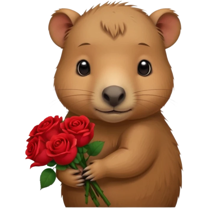 Cute baby capypara with sad puppy dog eyes holding roses  emoji
