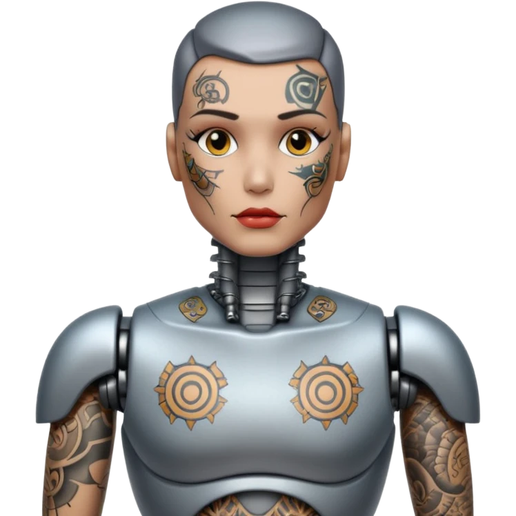 Tatooed robot, big many tatooes on chest, neck and face emoji
