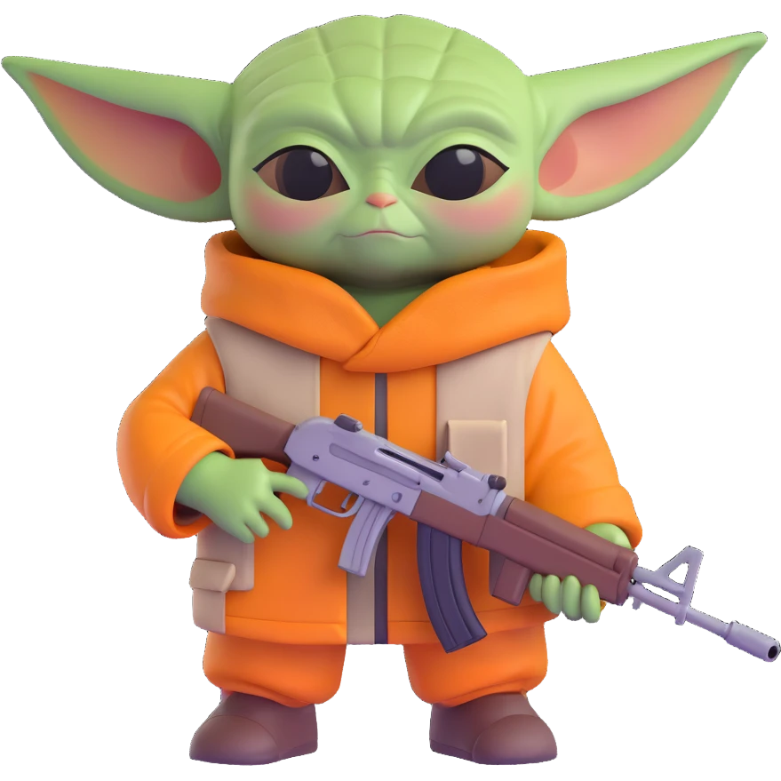 Baby Yoda holding an AK-47, 3D style, vibrant colors emoji