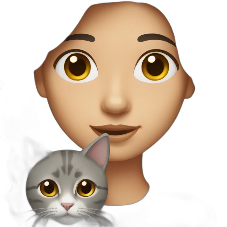 A woman with long wavy dark brown hair holding a grey cat emoji