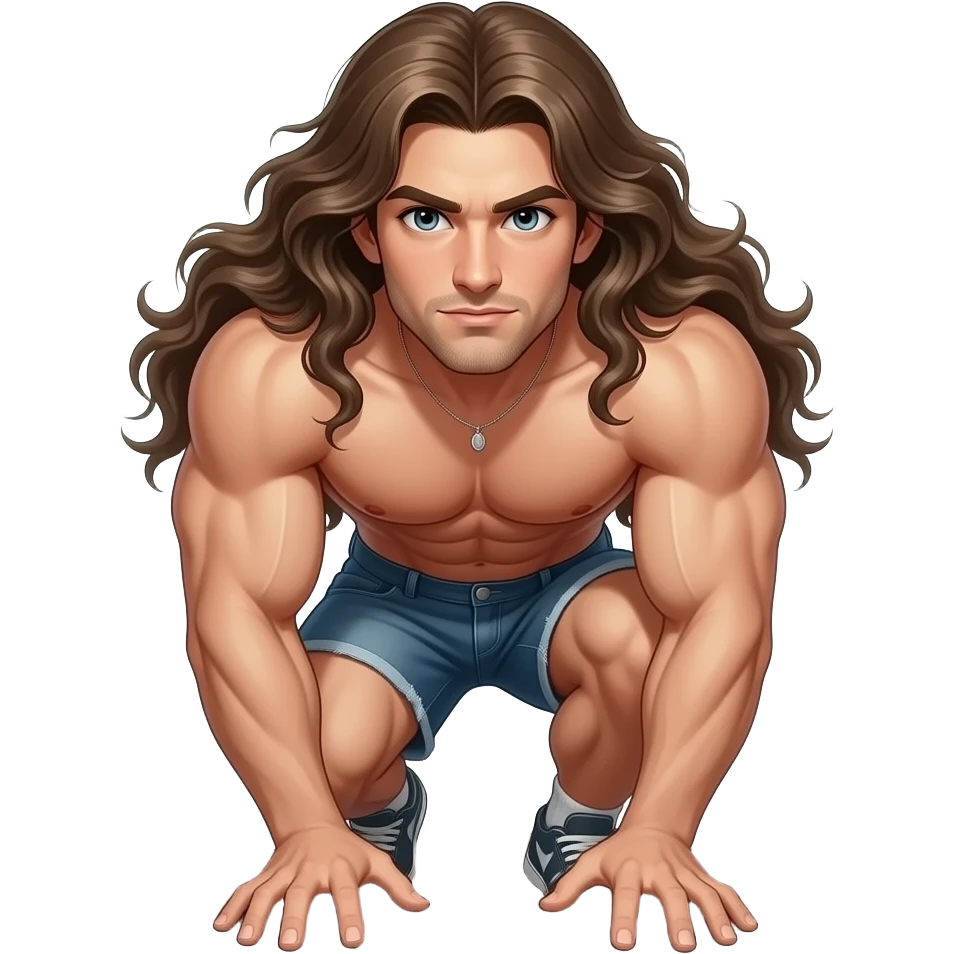 muscular shirtless twink with extremely long hair breaking ground emoji