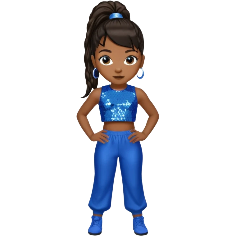 Left Eye from TLC with long dark brown ponytail hair, blue sequin crop top and pants emoji