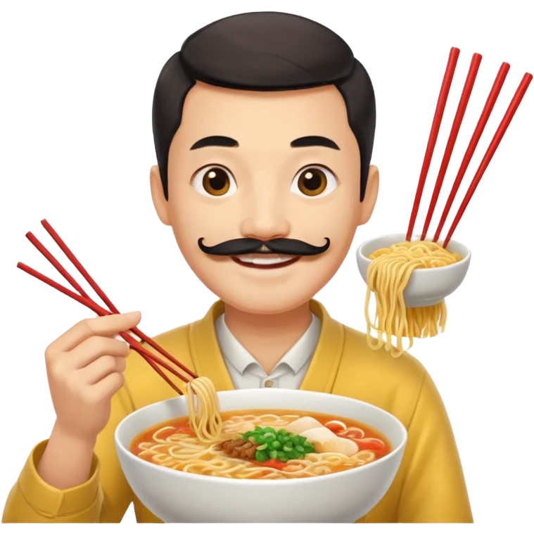 Chinese guy, yellow emoji, with long moustache smiling with ramen emoji
