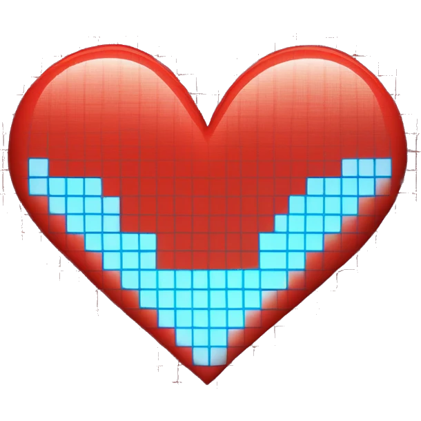 A pixelated heart in bright red with an electric blue glow. The background is a grid pattern, styled like a retro video game screen.   emoji