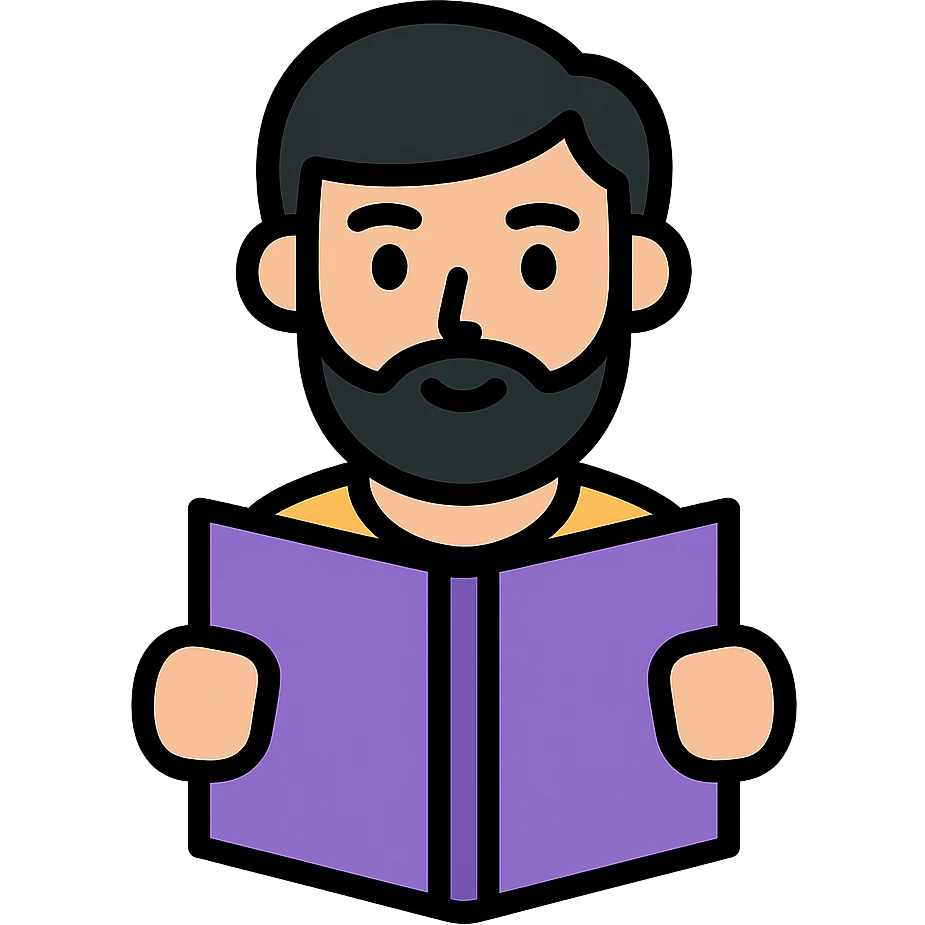 a white young man with a black beard, straight hair, and brown eyes reading a lilac-colored book, modern flat icon style emoji