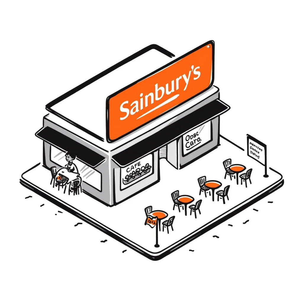Isometric Sainsbury's supermarket with orange branding, Nectar card logo visible, shopping trolley collection points, and cafe area with outdoor seating emoji