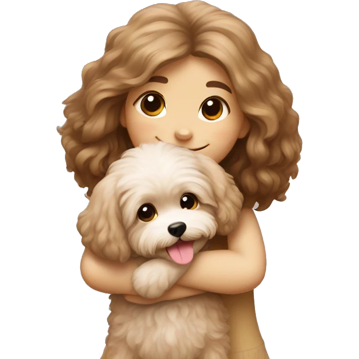 Maltipoo hugging smiling girl with brown long hair emoji