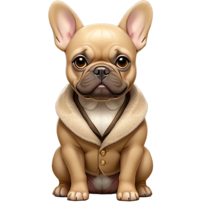 Cinematic Noble Fawn French Bulldog Portrait Emoji, Poised and regal, with a compact, muscular build and a sleek, well-groomed fawn coat, deep-set soulful dark eyes, Simplified yet sharp and sophisticated features, highly detailed, glowing with a soft, dignified glow, high shine, intelligent and determined, stylized with an air of authority, focused and attentive, soft glowing outline, capturing the essence of a watchful and confident companion, so majestic it feels as though it could strut out of the screen with effortless authority! emoji