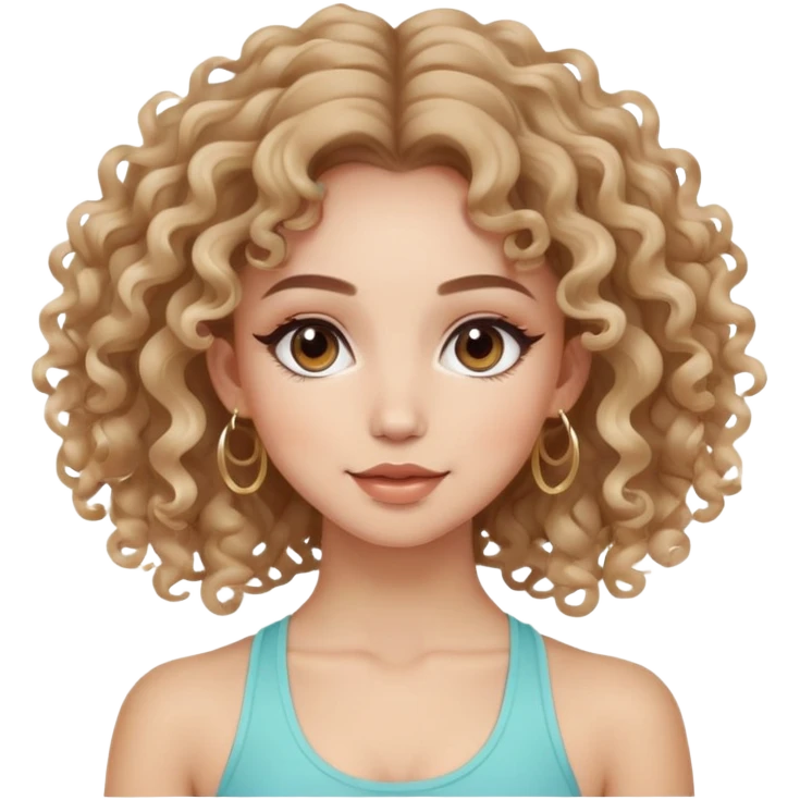 cute balayage curly/wavy haired girl, hoop earrings, clean girl makeup DOING a YOGA pose emoji
