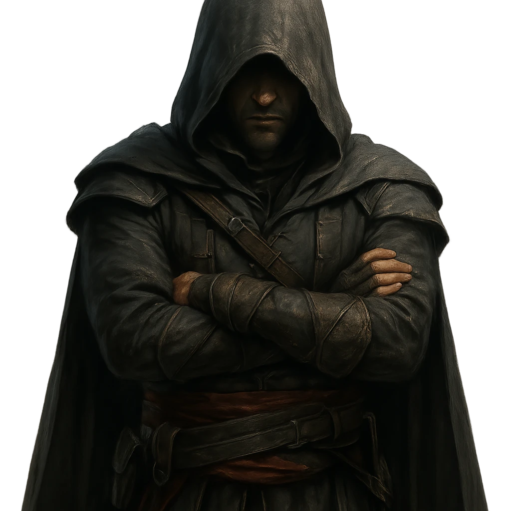 stealthy character, hood up, arms crossed in front, Assassin's Creed style emoji