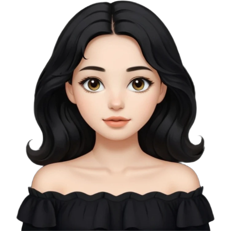 A realistic 3D avatar of a young woman with a soft oval face, slim cheeks, natural almond eyes, long wavy black hair, minimal makeup, wearing a black off-shoulder top, elegant and aesthetic, not cartoonish. emoji
